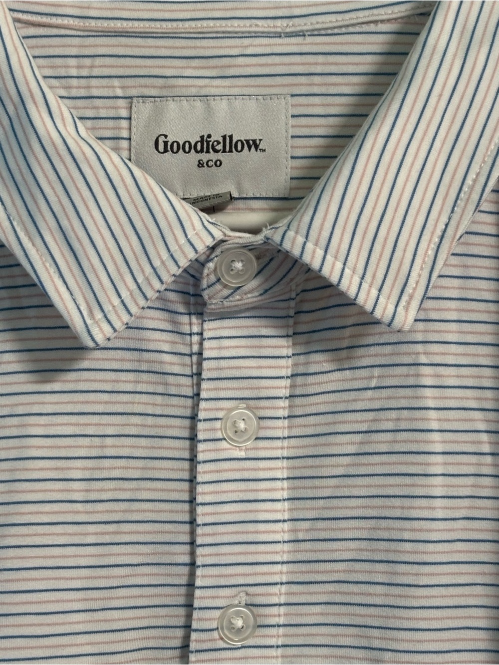 Goodfellow & Co White Polo, golf Shirt with Blue and Pink Stripes